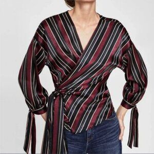 Zara Basics Collection Long Sleeve Striped Wrap Top in Maroon/Navy/Black/Gold